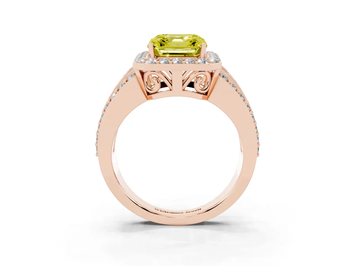 Fancy Yellow Asscher Cut Halo Diamond Ring with Round Split Shank and Prong Setting Rose gold