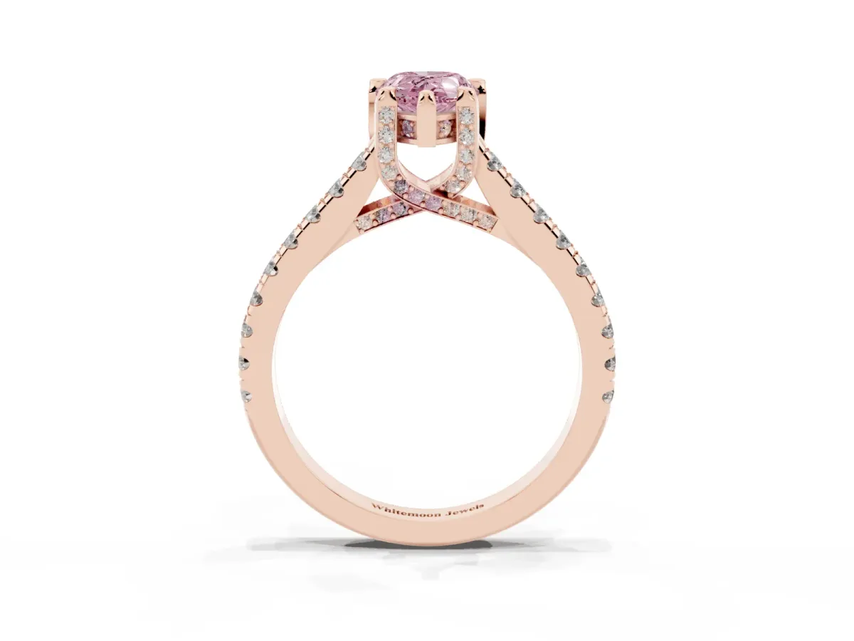 Fancy Pink Pear Cut Brilliant Diamond Solitaire with Pavé Band and Four-Prong Setting Rose gold