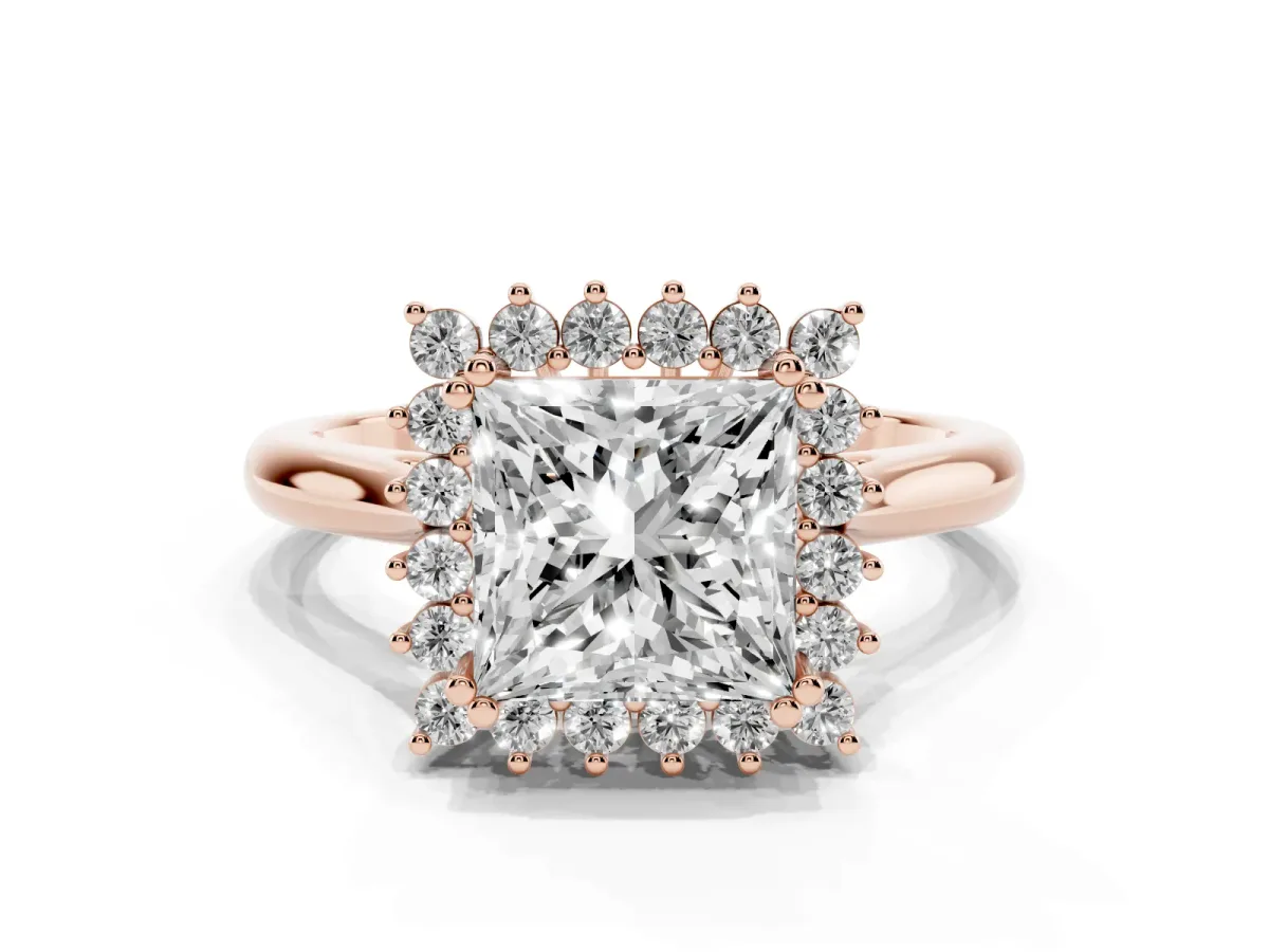 Princess Cut Cut Diamond Halo Ring with Solitaire Band and Prong Setting Rose gold