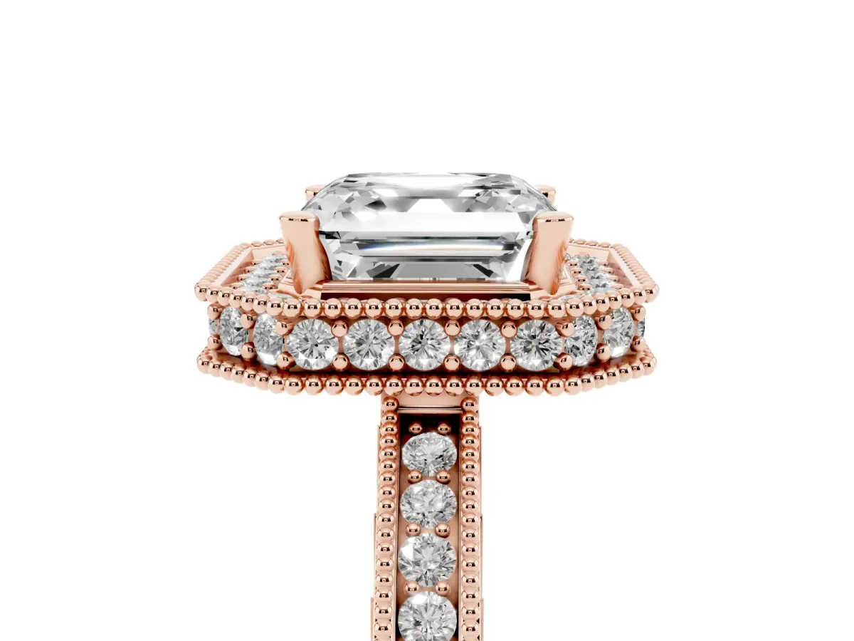 Asscher Cut Diamond Milgrain Halo Engagement Ring with Round Pavé Band and Prong Setting Rose gold