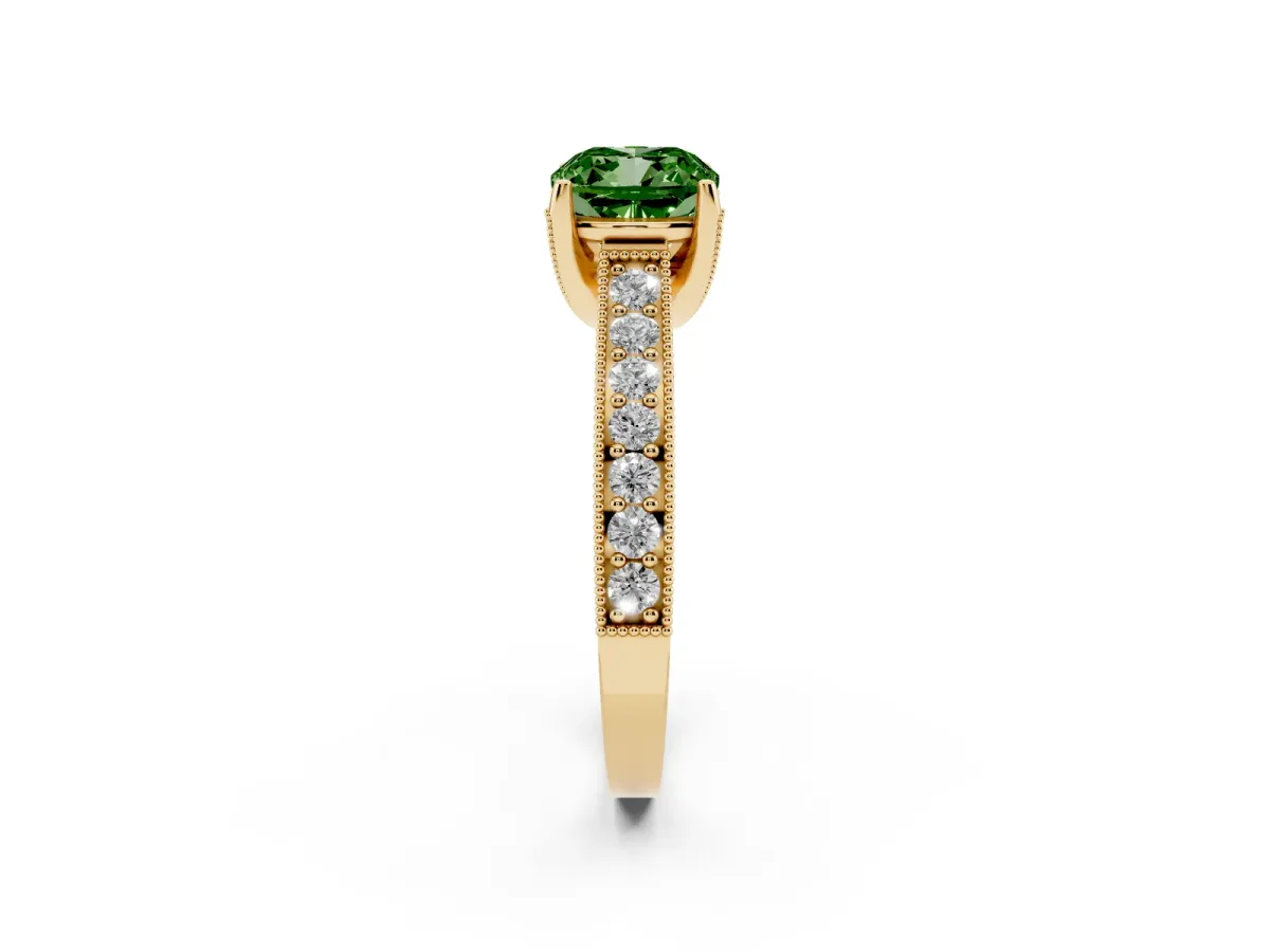 Fancy Green Cushion Cut Cut Diamond Solitaire Ring with Milgrain Pave Band and Four Prong Setting Yellow gold