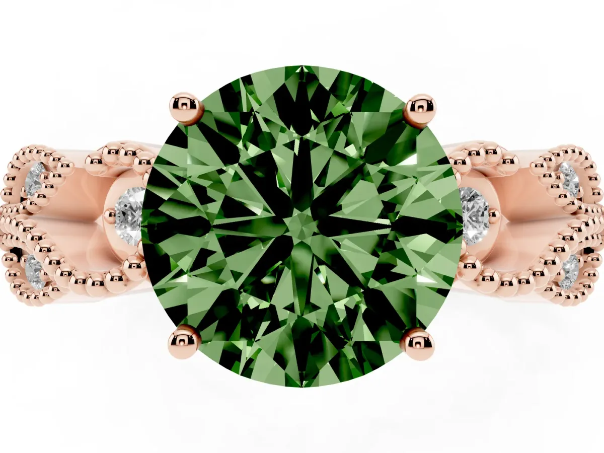 Fancy Green Round Cut Solitaire Milgrain Leaf Band with Prong Setting Rose gold