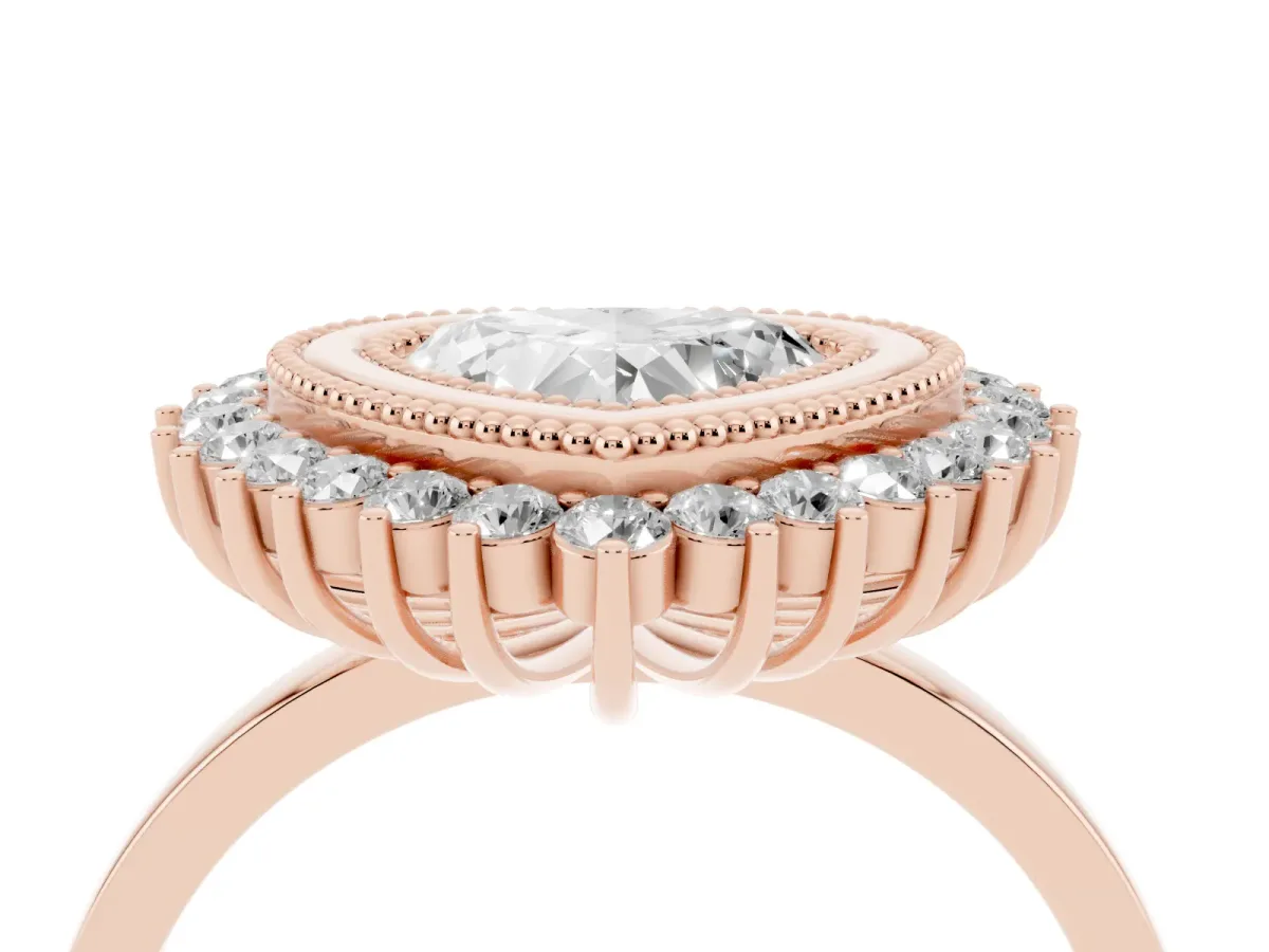 Heart Cut Halo Diamond Ring with Milgrain Edge and Round Prong Setting Rose gold