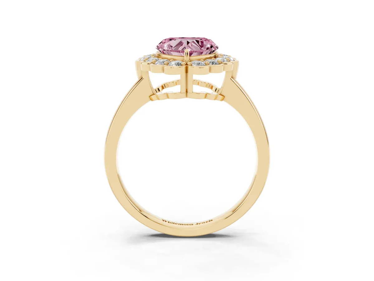 Fancy Pink Heart Cut Halo Cluster Diamond Engagement Ring with Solitaire Band and Prong Setting Yellow gold