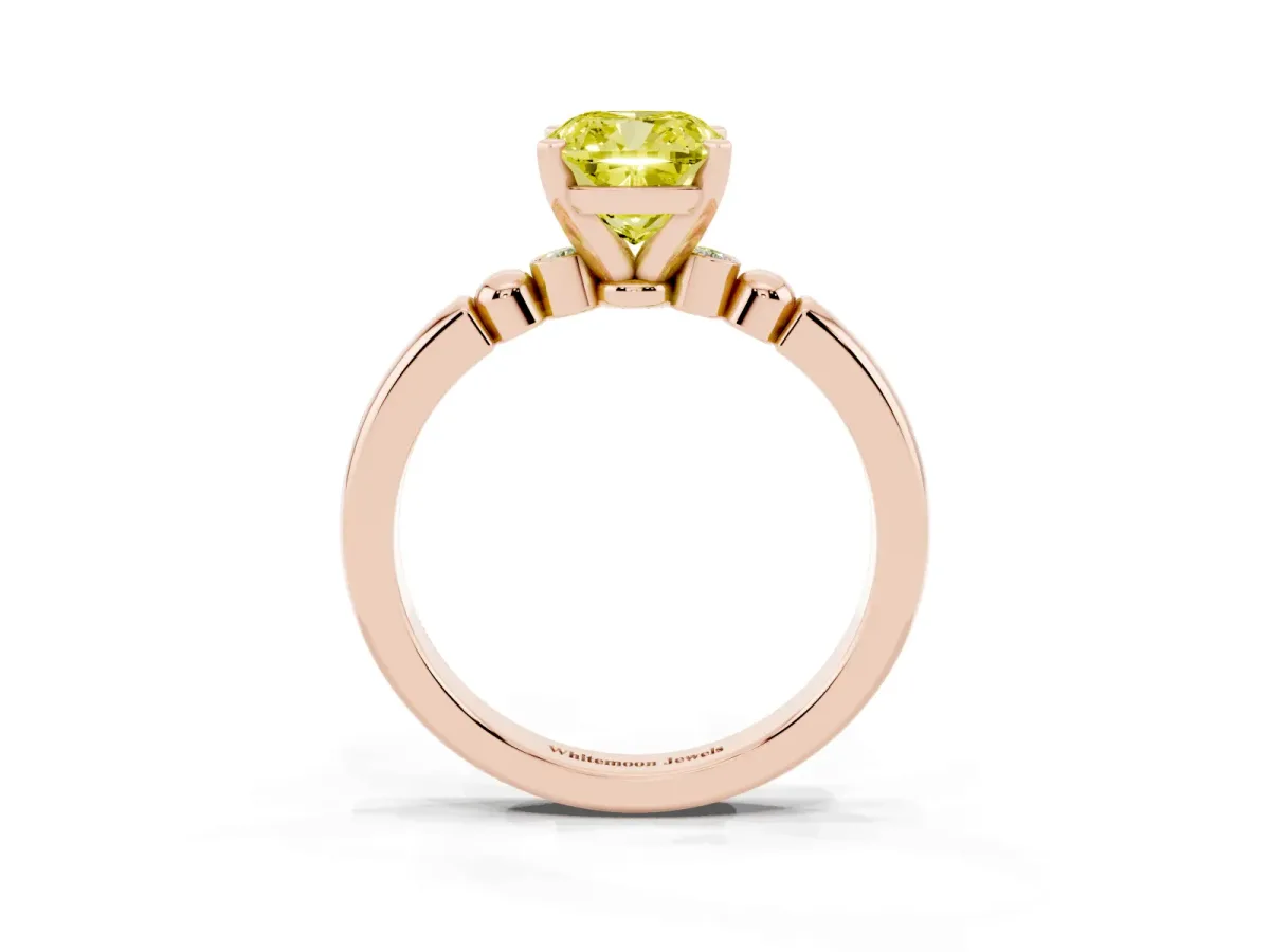 Fancy Yellow Cushion Cut Solitaire Beaded Band with Four-Prong Setting Rose gold