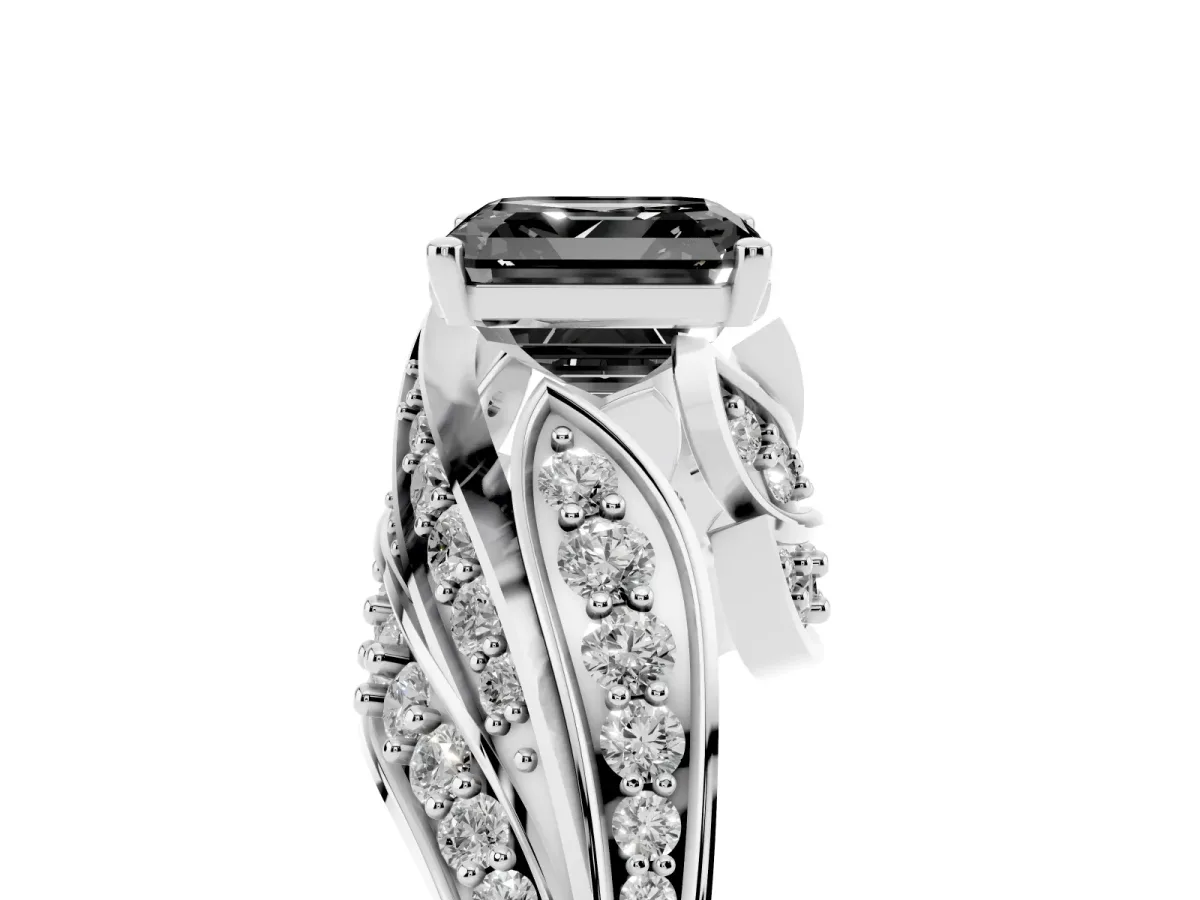 Fancy Black Asscher Cut Diamond Solitaire Ring with Prong Setting and Twisted Pavé Band Silver