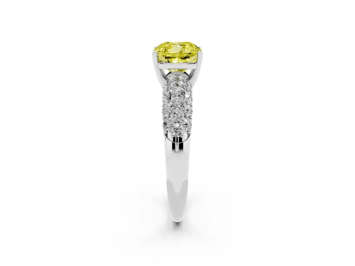 Fancy Yellow Cushion Cut Diamond Pavé Band Solitaire Ring with Four-Prong Setting Silver