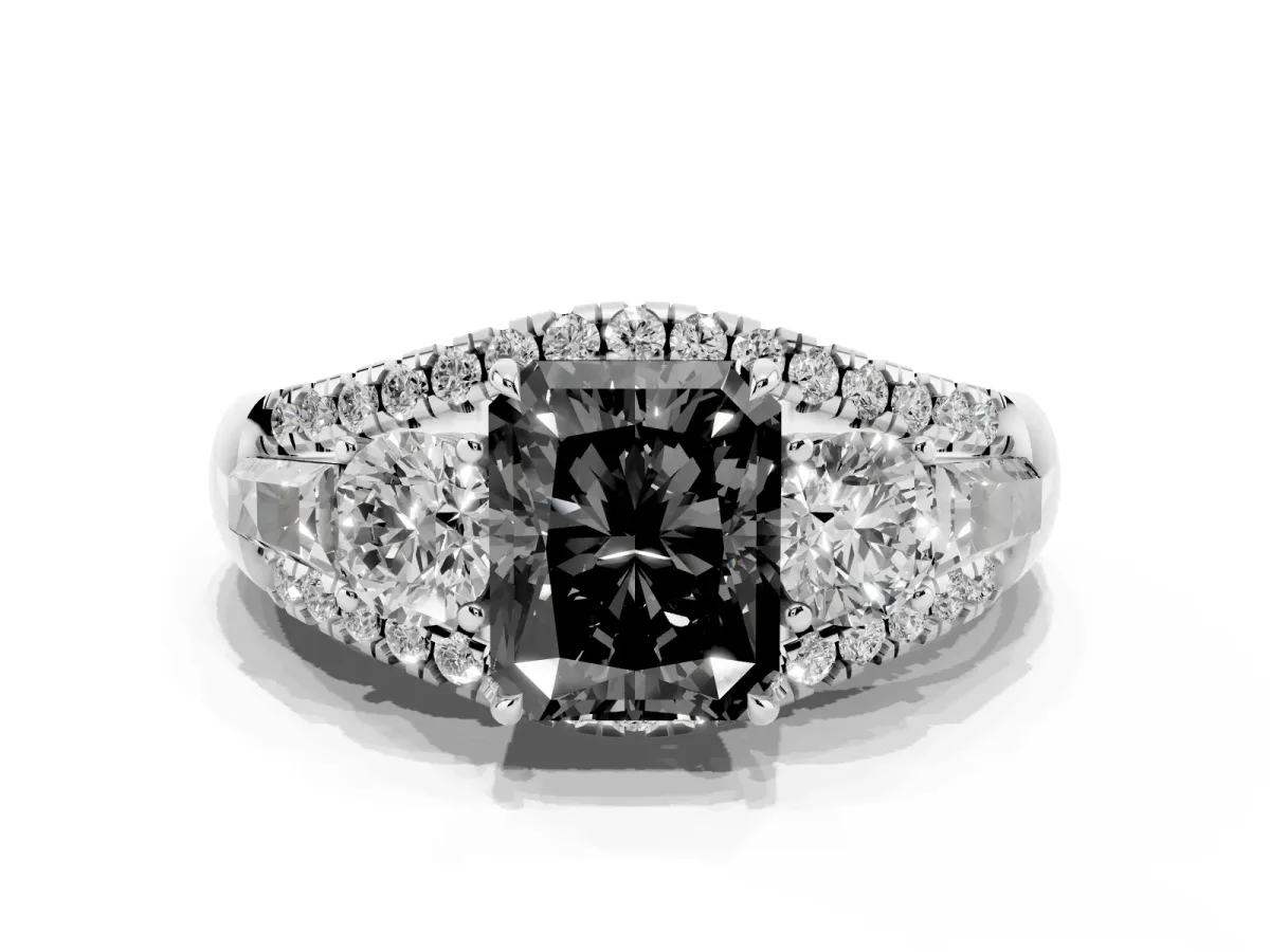 Fancy Black Three-Stone Radiant Cut Diamond Engagement Ring with Pave Band and Prong Setting Silver