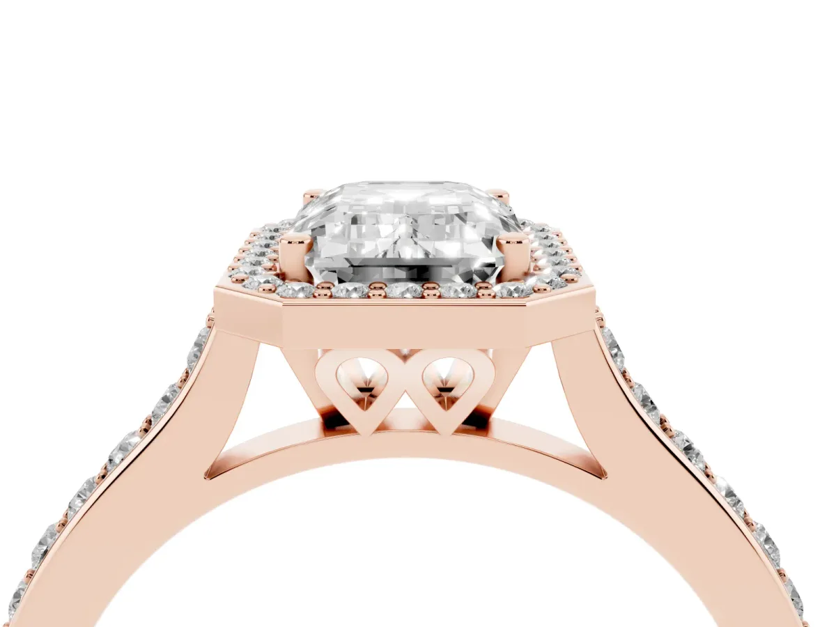 Emerald Cut Diamond Halo Engagement Ring with Round Pavé Shoulders and Prong Setting Rose gold