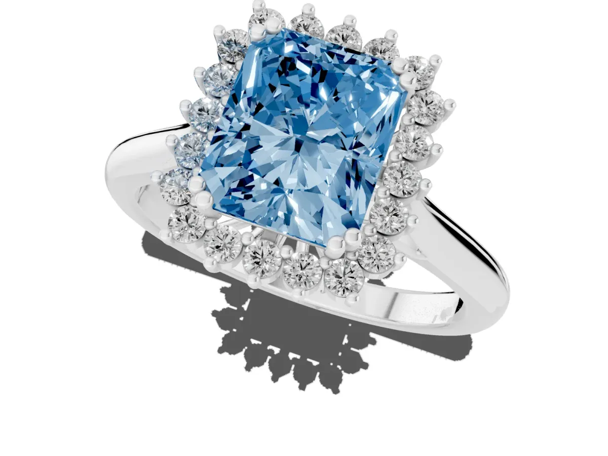 Fancy Blue Radiant Cut Cut Diamond Halo Ring with Solitaire Band and Prong Setting White gold