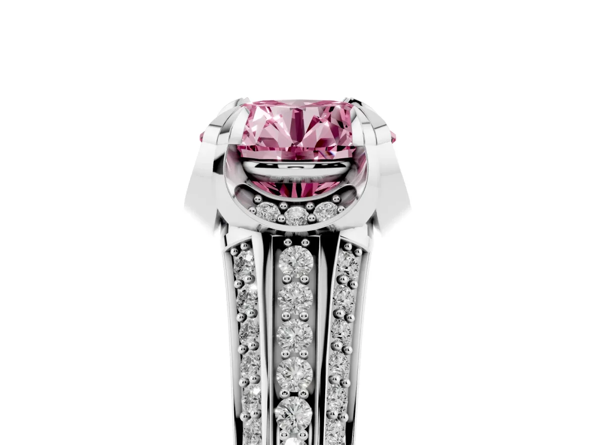 Fancy Pink Round Cut Solitaire Pave Split Shank Ring with Four-Prong Setting Platinum