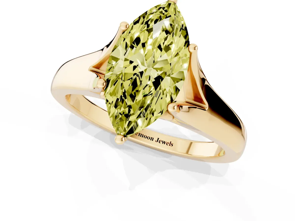 Fancy Yellow Marquise Cut Solitaire Diamond Ring with Cathedral Band and Four-Prong Setting Yellow gold