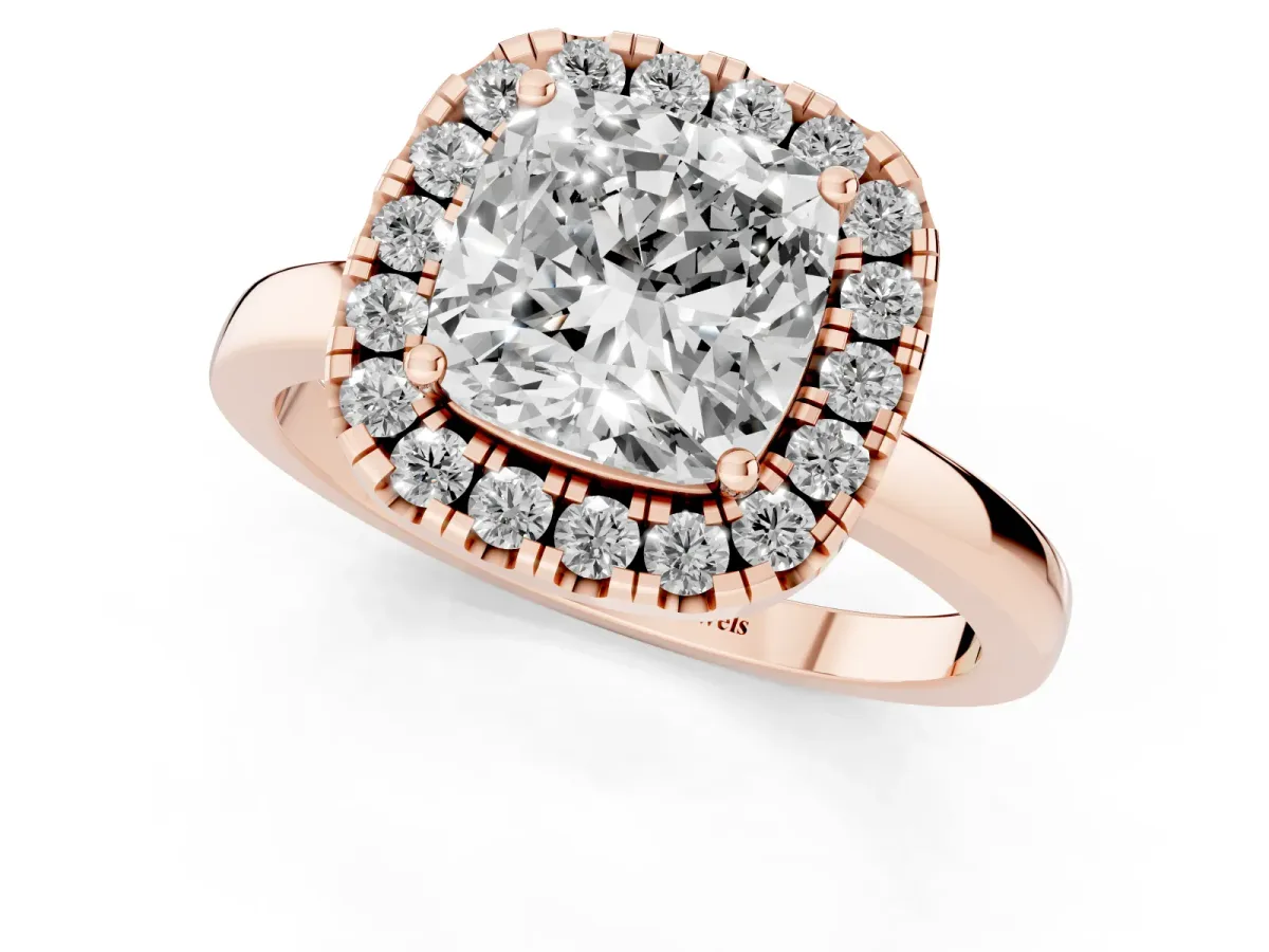 Cushion Cut Halo Diamond Solitaire with Pavé Band and Four-Prong Setting Rose gold