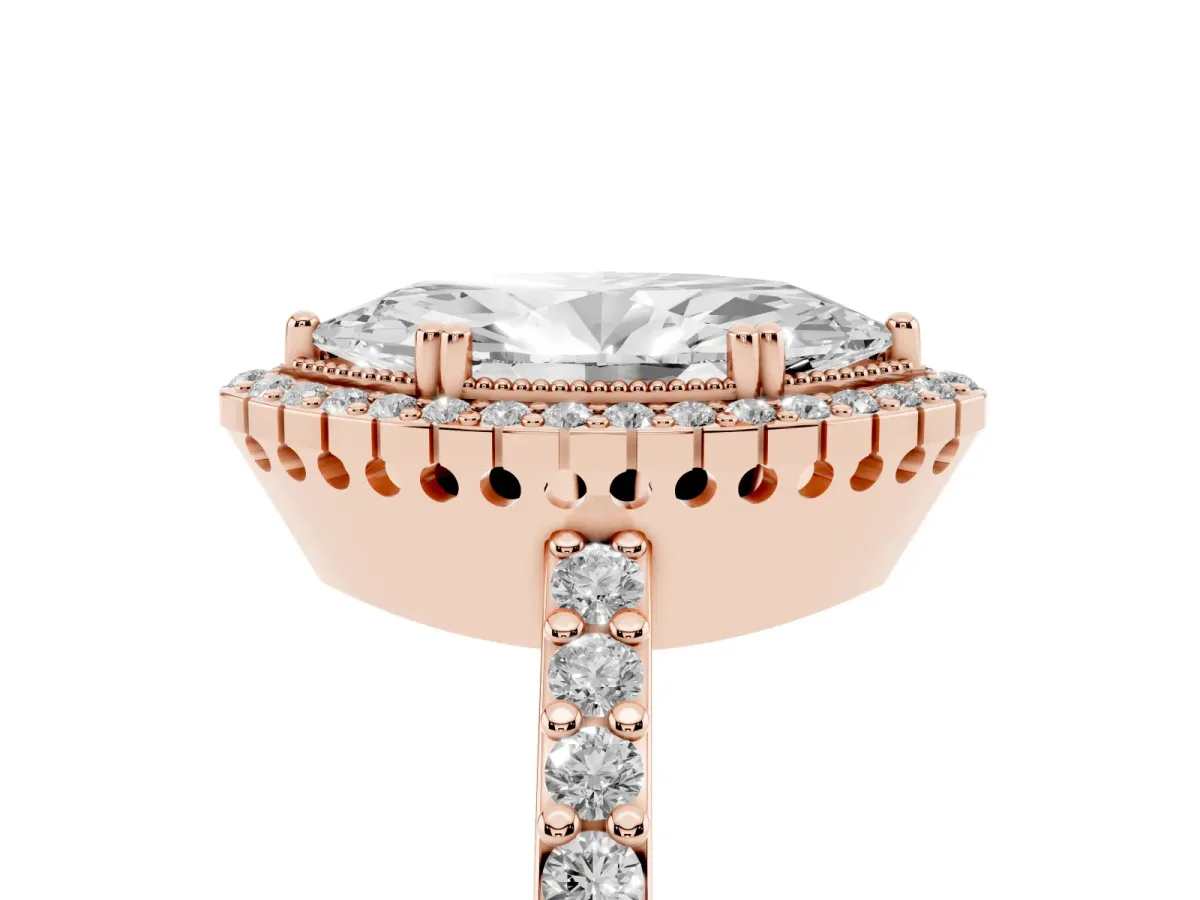 Marquise Cut Cut Diamond Halo Engagement Ring with Milgrain Detail and Pavé Band Rose gold
