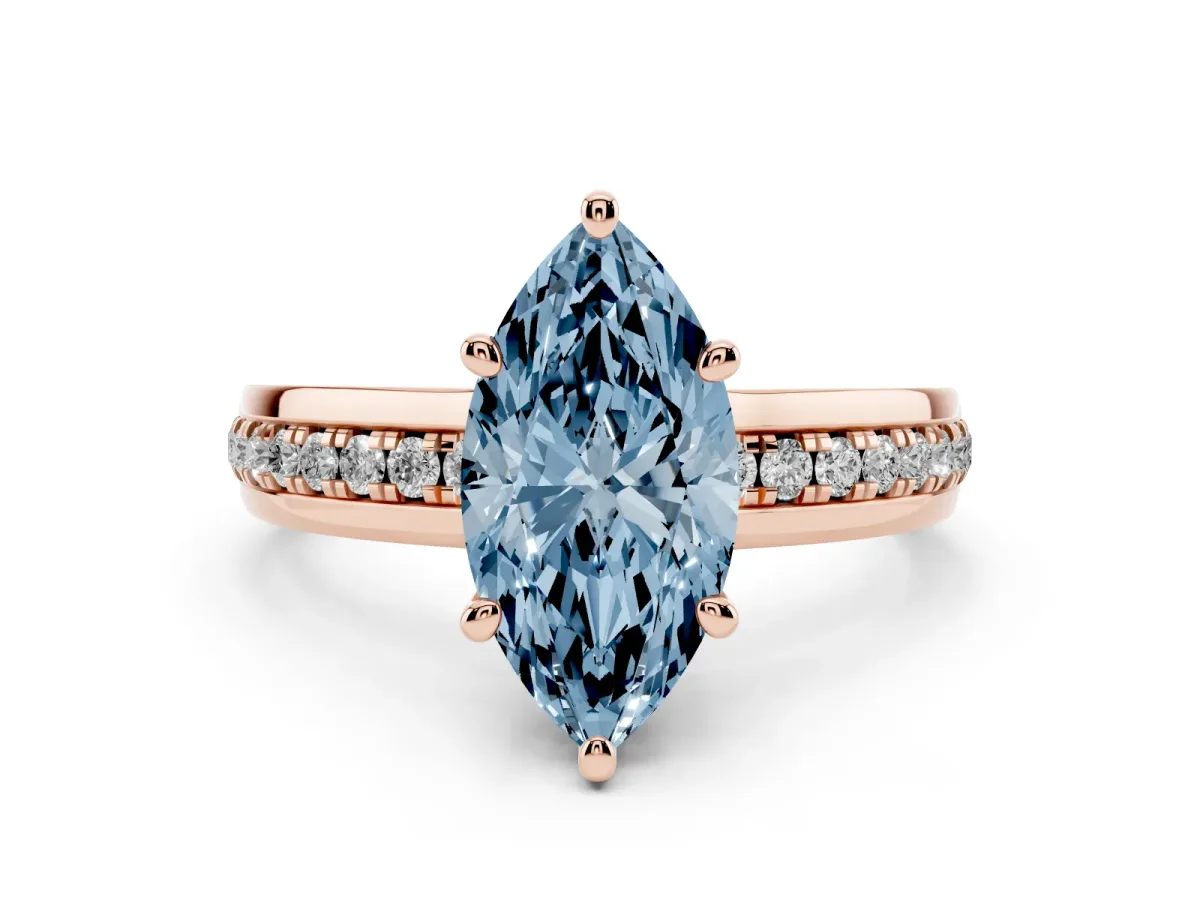 Fancy Blue Marquise Cut Solitaire Diamond Ring with Channel Set Band and Six-Prong Setting Rose gold