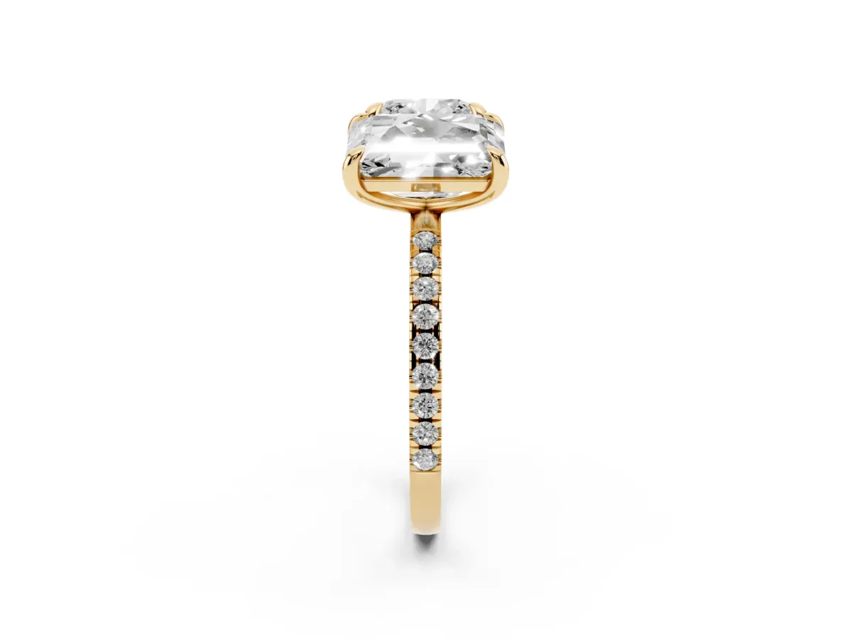 Cushion and Emerald Toi Moi Ring with Prong Setting and Micro Pave Band Yellow gold