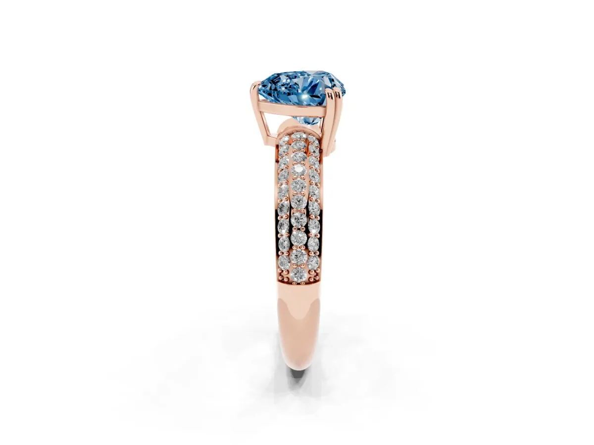 Fancy Blue Heart Cut Diamond Solitaire Ring with Multi-Row Round Pavé Band and Prong Setting Rose gold