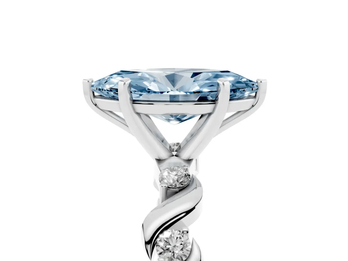 Fancy Blue Marquise Cut Diamond Solitaire Twisted Band with Round Accents and Prong Setting Platinum