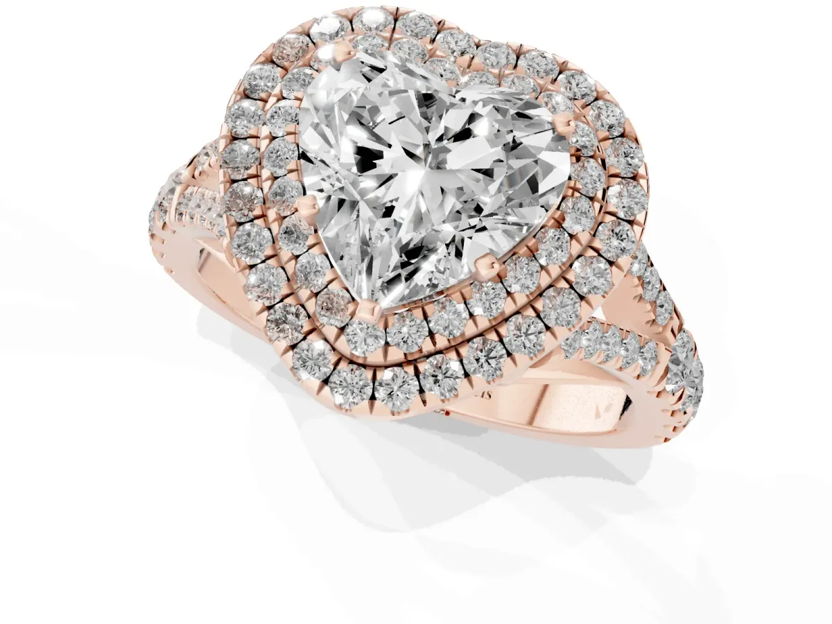 Double Halo Heart Cut Diamond Split Shank Engagement Ring with Four-Prong Setting Rose gold