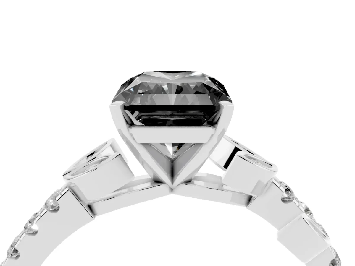 Fancy Black Radiant Cut Solitaire Leaf-Inspired Diamond Ring with Pavé Band and Four-Prong Setting Silver