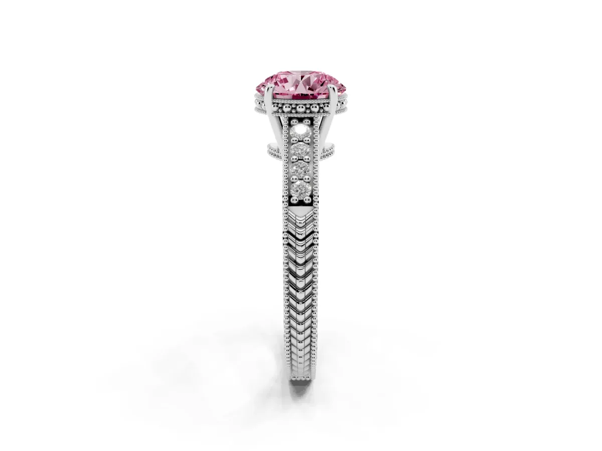 Fancy Pink Round Cut Solitaire Pavé Diamond Milgrain Engagement Ring with Four-Prong Setting Silver