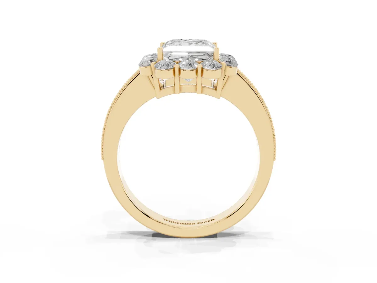 Princess Cut Cut Halo Diamond Pavé Engagement Ring with Milgrain Detailing Yellow gold