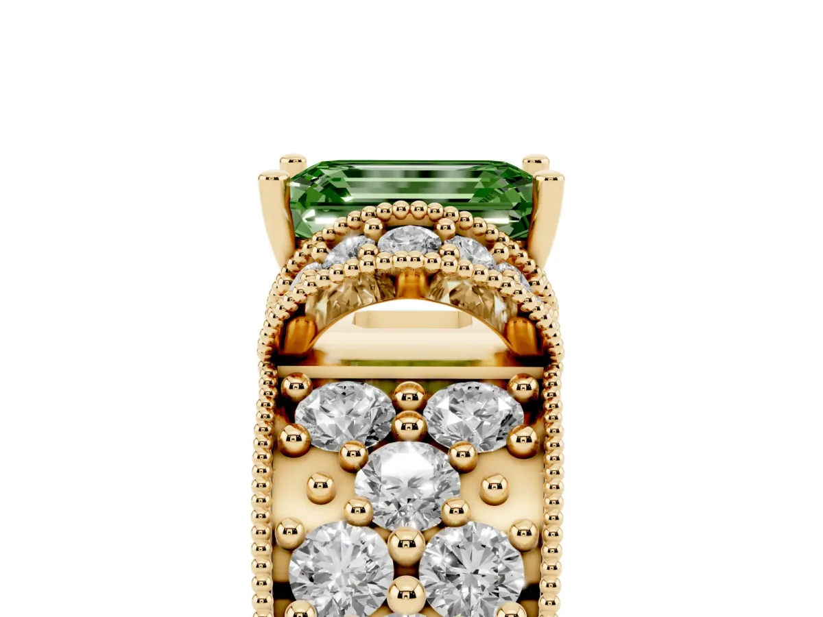 Fancy Green Emerald Cut Halo Pave Diamond Engagement Ring with Milgrain Detailing Yellow gold