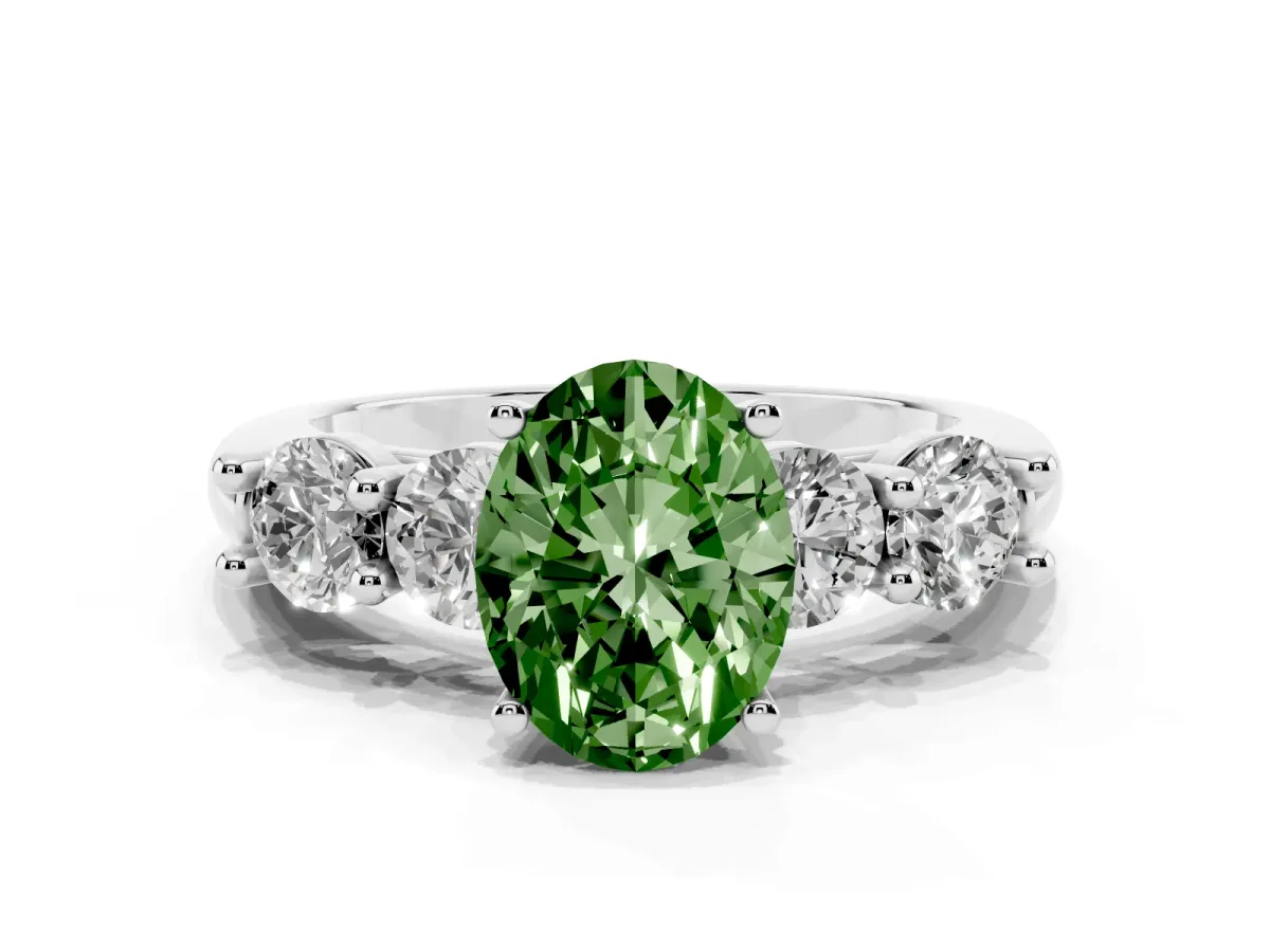 Fancy Green Oval Cut Cut Five-Stone Prong Set Diamond Ring with Classic Band Platinum