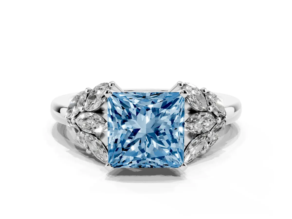 Fancy Blue Princess Cut Diamond Cluster Leaf Design Ring with Prong Setting Silver
