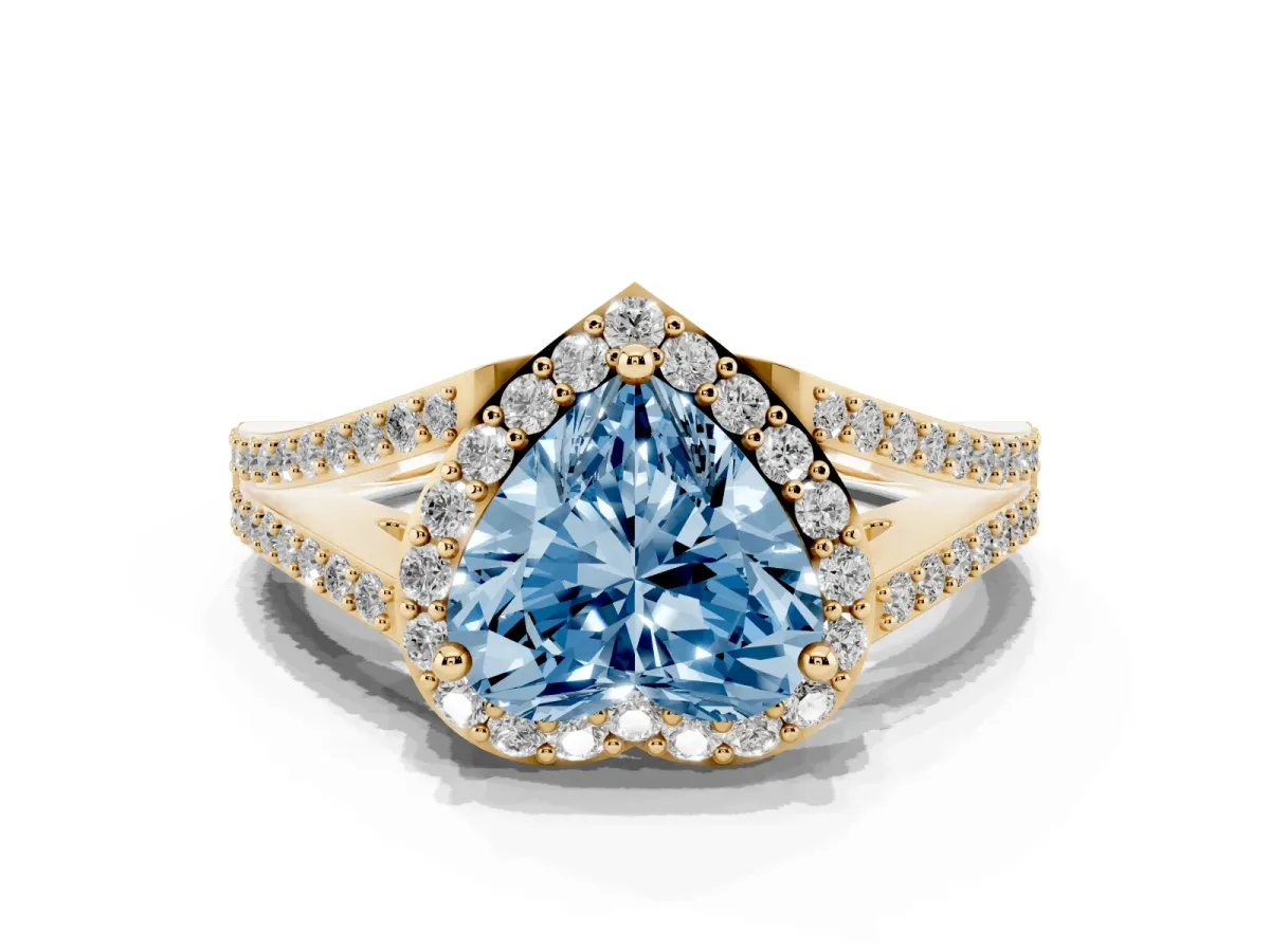 Fancy Blue Heart Cut Halo Split Shank Pave Diamond Ring with Four-Prong Setting Yellow gold