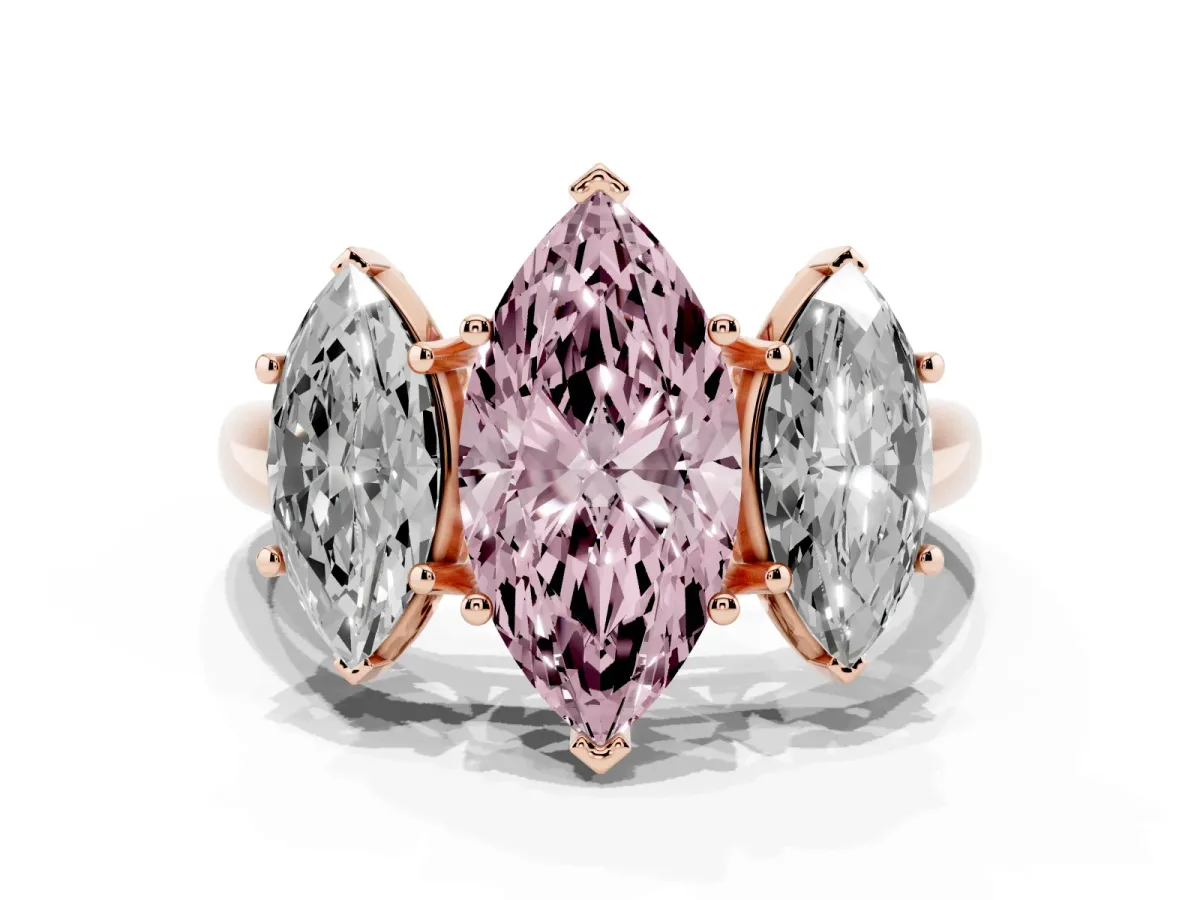 Fancy Pink Three-Stone Marquise Cut Diamond Engagement Ring with Prong Setting Rose gold