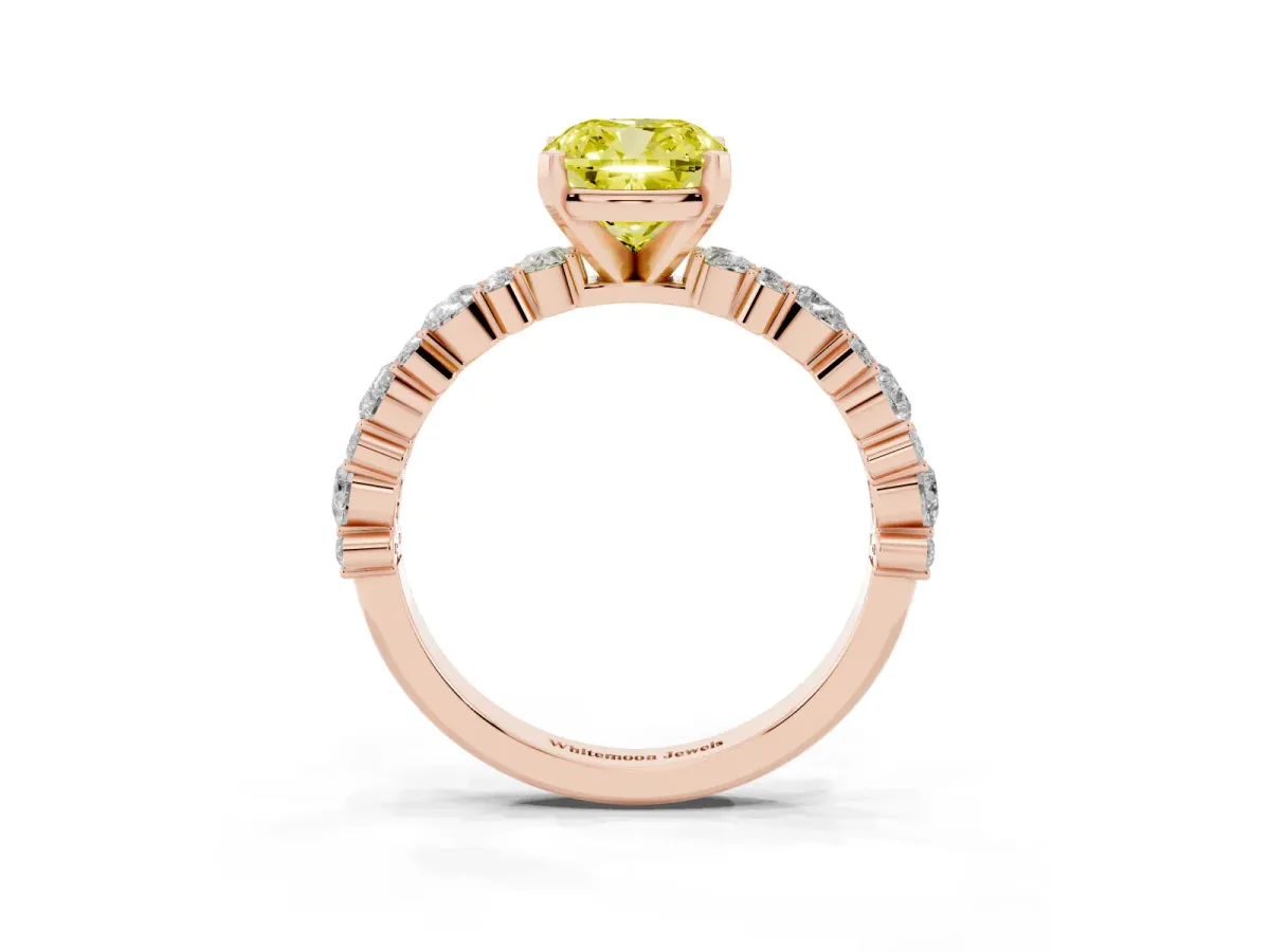 Fancy Yellow Cushion Cut Diamond Side Stone Solitaire Ring with Round and Four-Prong Setting Rose gold