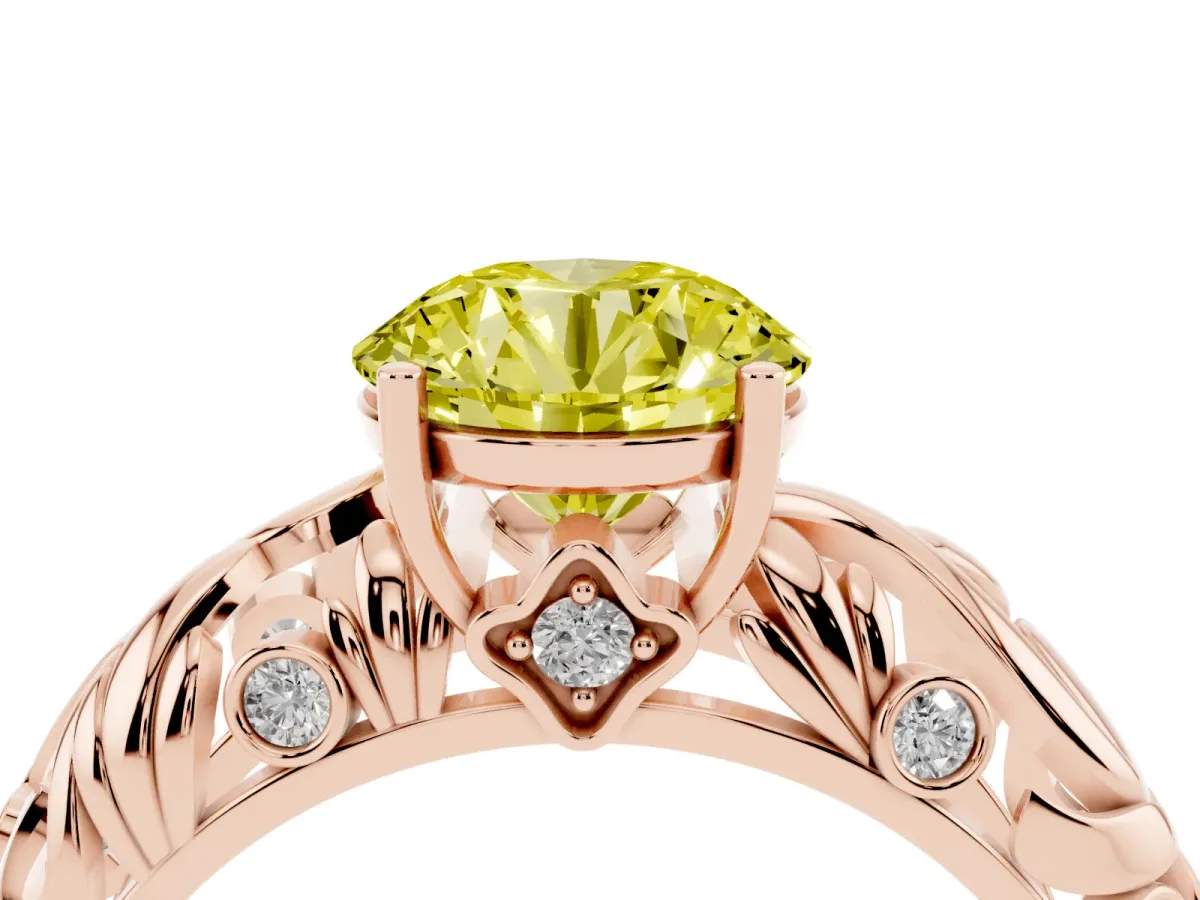 Fancy Yellow Round Cut Solitaire Diamond Leaf-Inspired Vine Band Ring with Prong Setting Rose gold