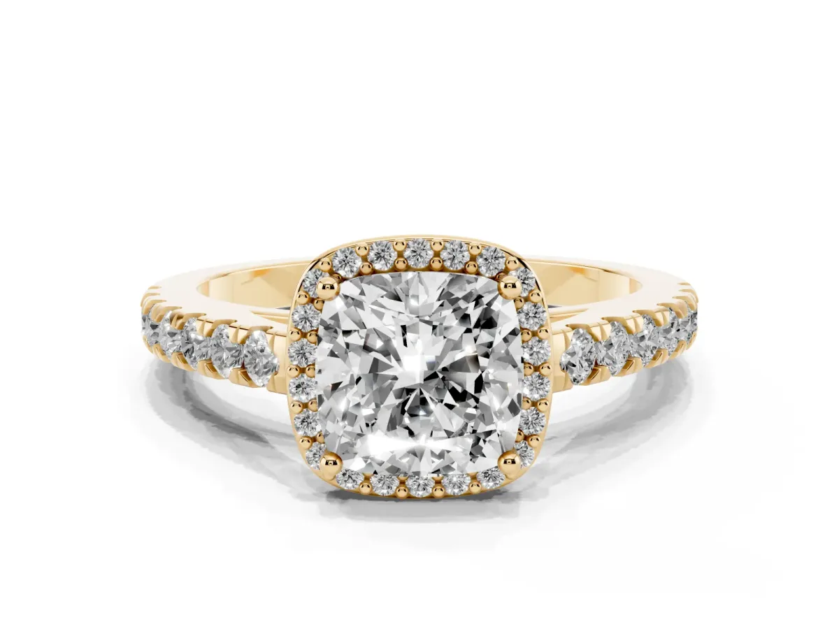 Cushion Cut Cut Halo Diamond Engagement Ring with Pave Band and Four-Prong Setting Yellow gold