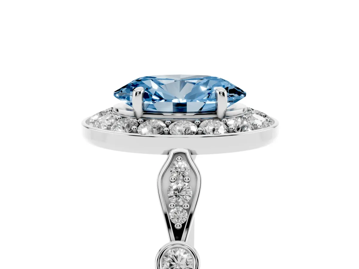 Fancy Blue Oval Cut Halo Diamond Engagement Ring with Twisted Band and Four-Prong Setting Silver