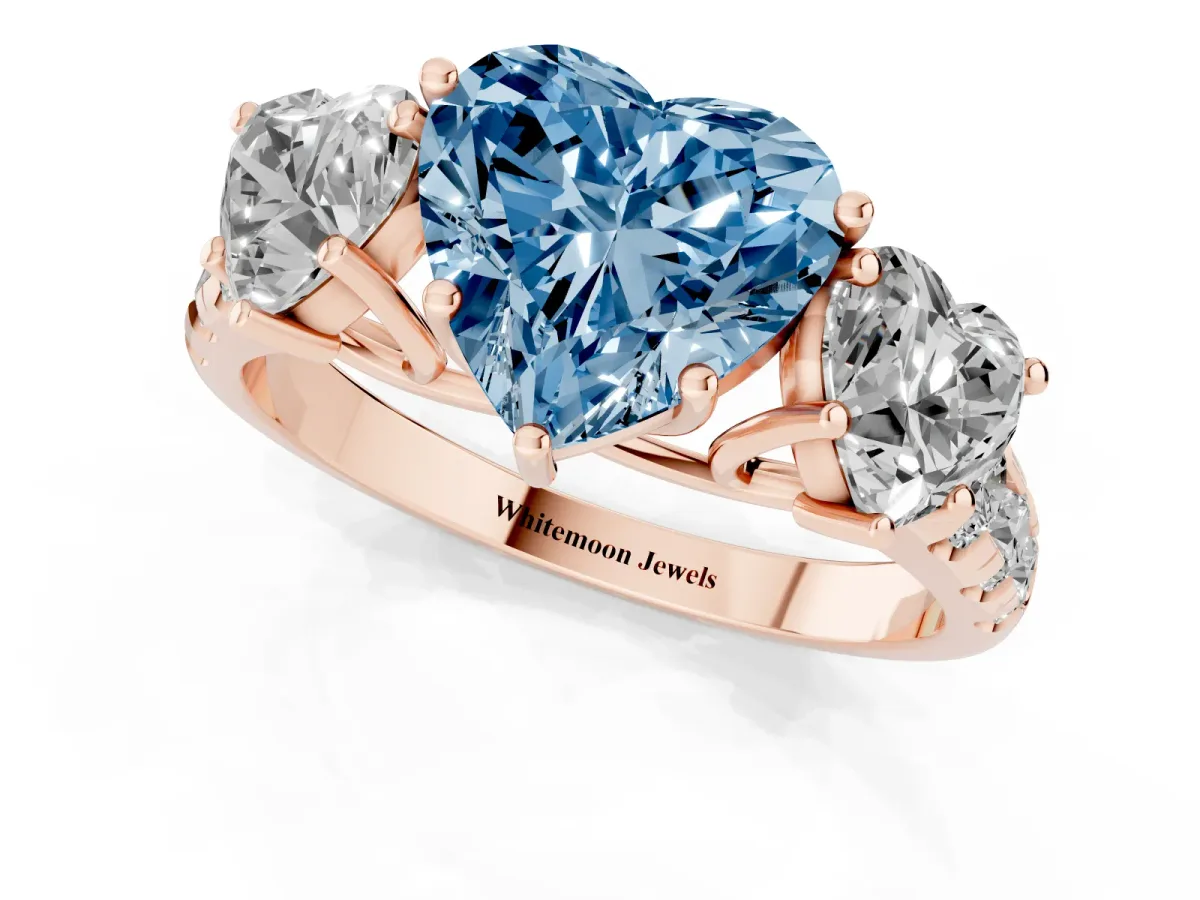 Fancy Blue Three-Stone Heart Cut Diamond Pavé Band with Prong Setting Rose gold