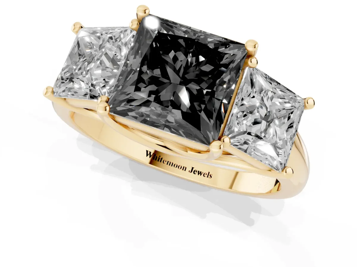 Fancy Black Three-Stone Princess Cut Diamond Engagement Ring with Prong Setting Yellow gold