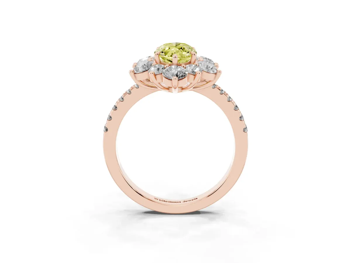 Fancy Yellow Marquise Cut Diamond Floral Halo Ring with Round Pavé Band and Prong Setting Rose gold