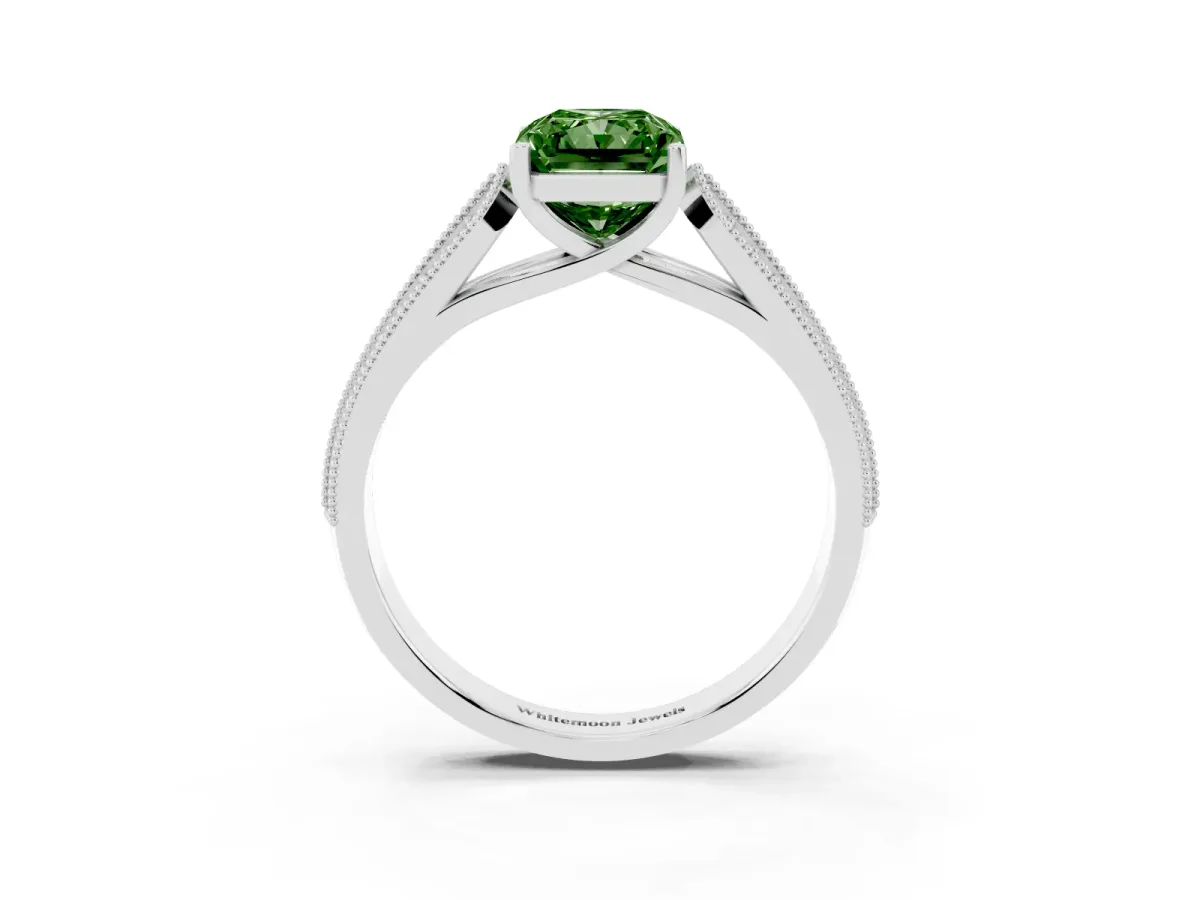 Fancy Green Radiant Cut Cut Pave Split Shank Engagement Ring with Four-Prong Setting Silver