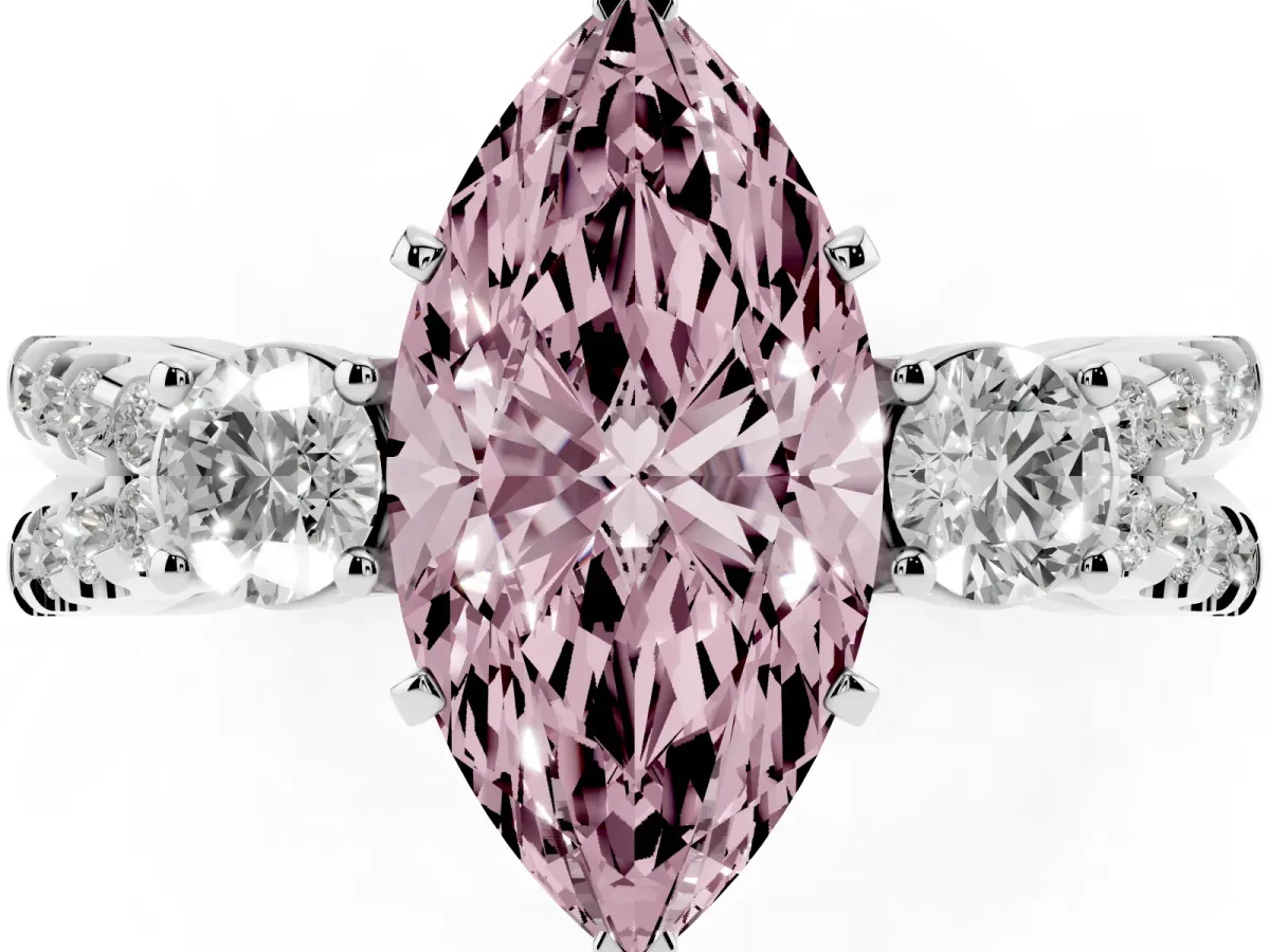 Fancy Pink Marquise Cut Diamond Three-Stone Ring with Pavé Split Shank and Four-Prong Setting Silver