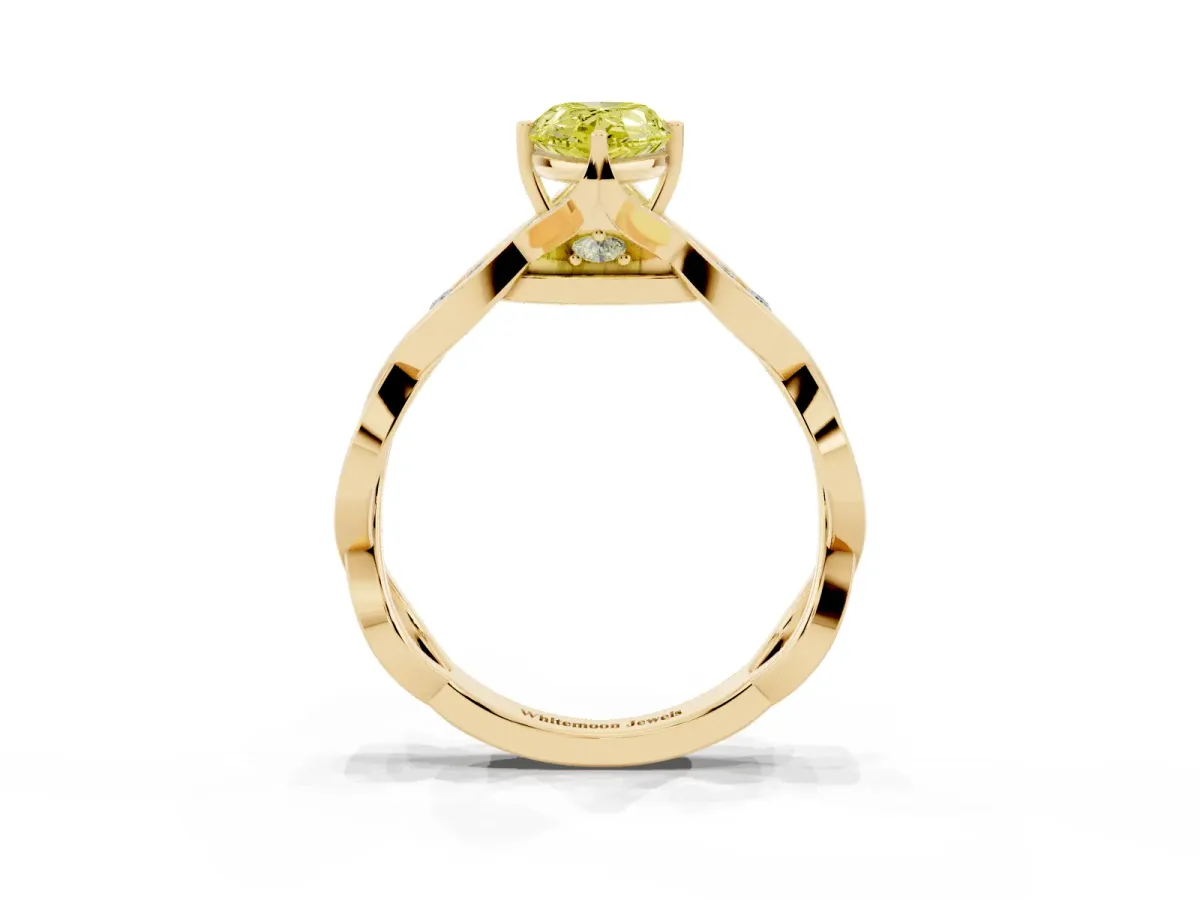 Fancy Yellow Pear Cut Solitaire Twist Band with Leaf Prong Setting Yellow gold