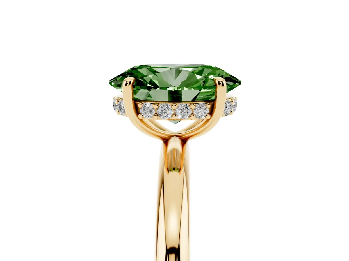 Fancy Green Oval Cut Diamond Solitaire Ring with Thin Band and Four-Prong Setting Yellow gold