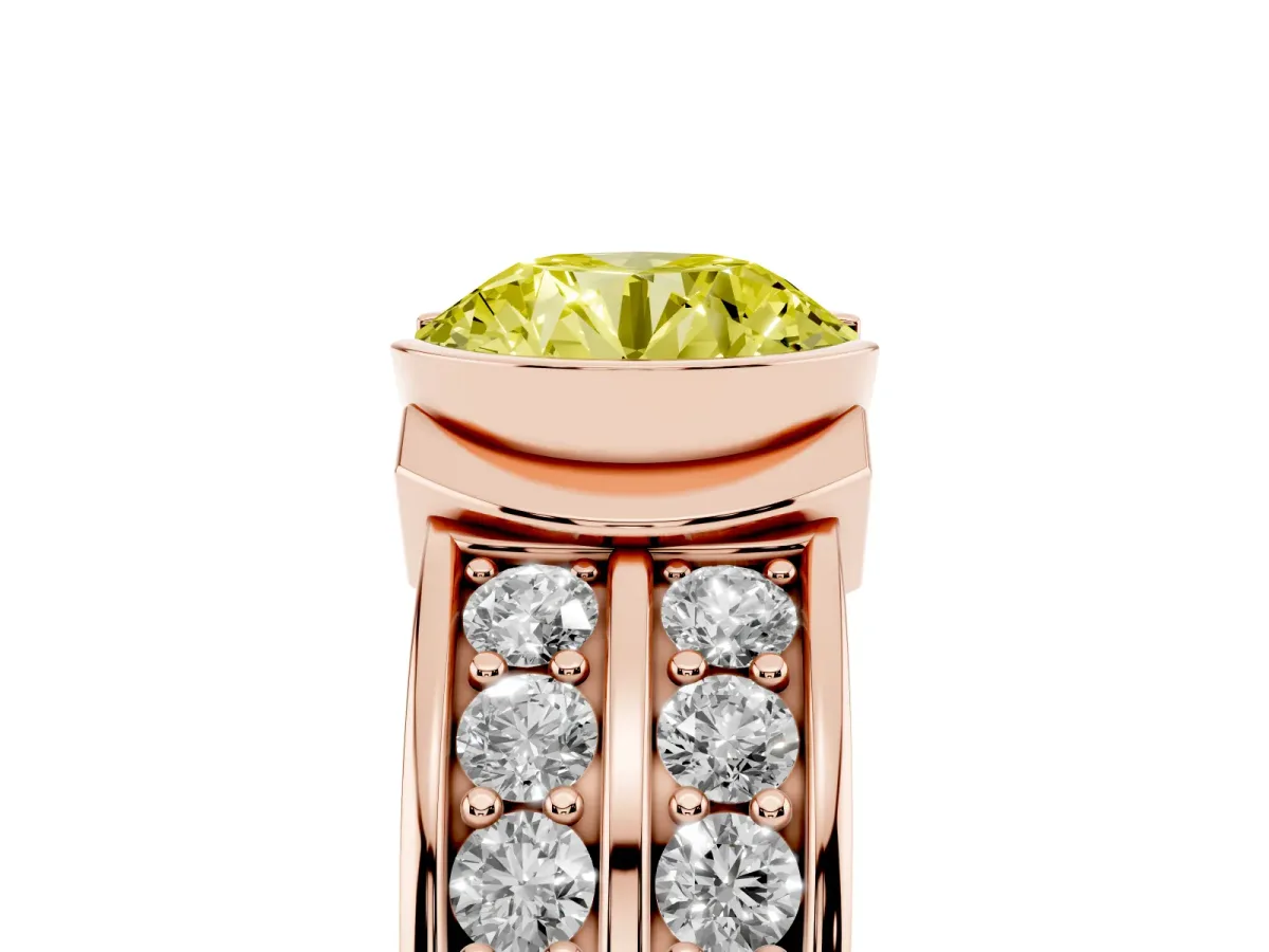 Fancy Yellow Round Cut Brilliant Diamond Channel Set Wide Band Ring with Bezel Setting Rose gold