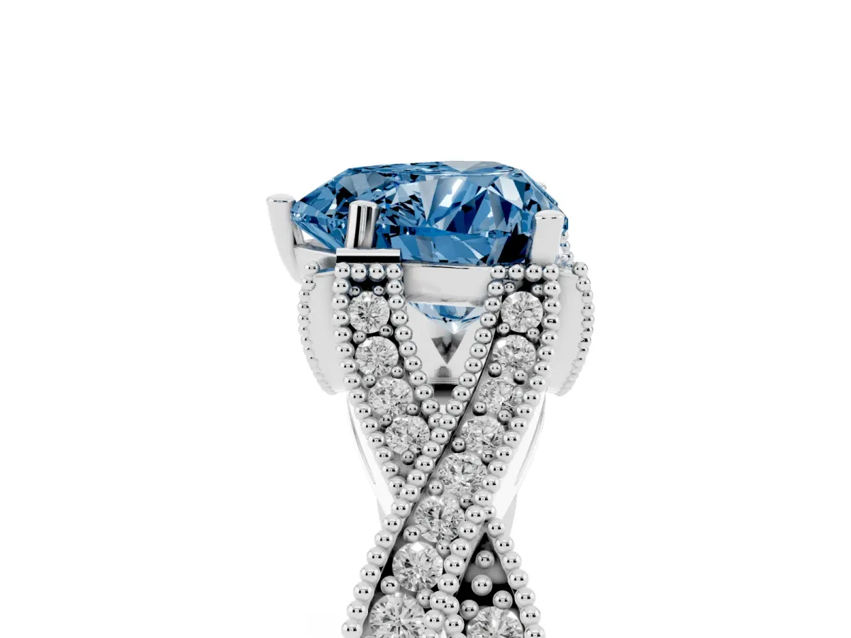 Fancy Blue Heart Cut Cut Diamond Twisted Band with Milgrain Pave Setting and Four-Prong Setting Silver
