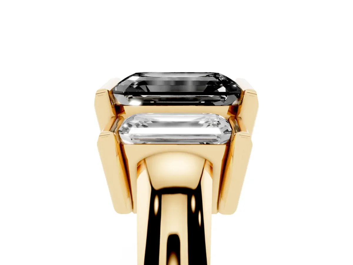 Fancy Black Three Stone Emerald Cut Cut Channel Set Diamond Ring Yellow gold