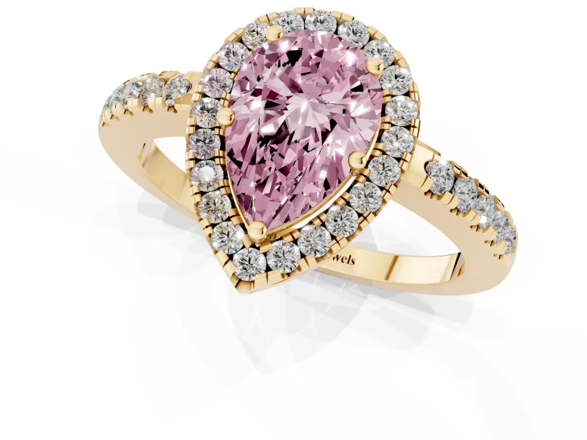 Fancy Pink Pear Cut Halo Diamond Engagement Ring with Pavé Band and Four-Prong Setting Yellow gold