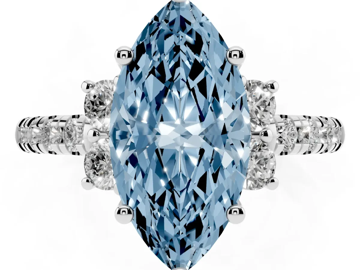 Fancy Blue Marquise Cut Diamond Three-Stone Pave Band with Four-Prong Setting Silver