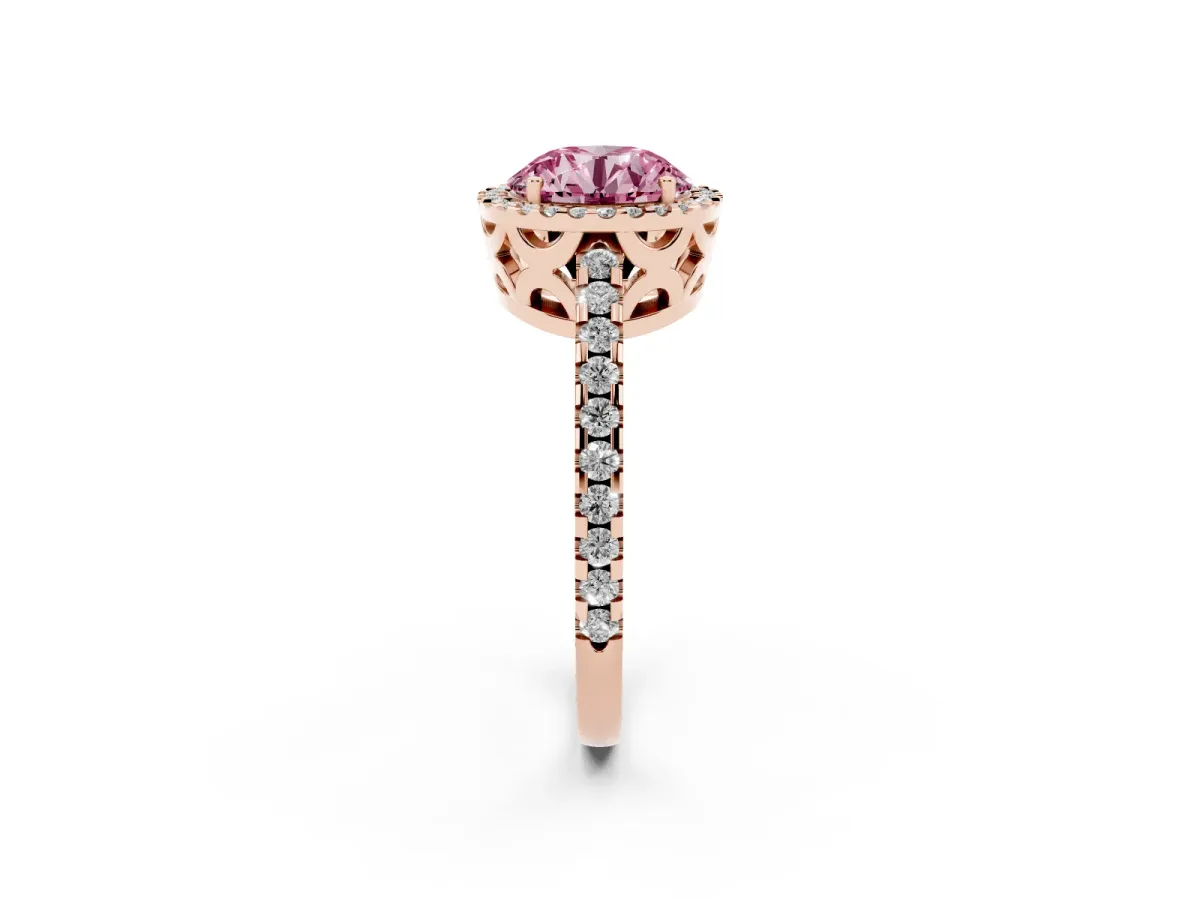 Fancy Pink Round Cut Diamond Halo Engagement Ring with Pavé Band and Prong Setting Rose gold