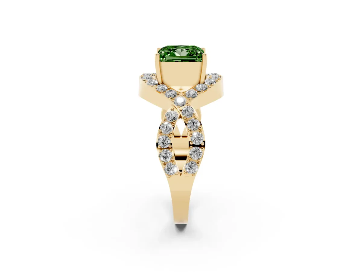 Fancy Green Princess Cut Solitaire Twist Band Pavé Diamond Engagement Ring Yellow gold