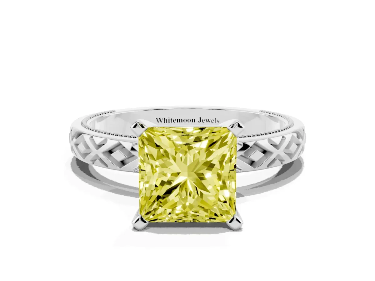 Fancy Yellow Princess Cut Solitaire Diamond Ring with Milgrain and Black Enamel X Pattern Band Silver